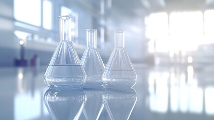 Poster - Three glass laboratory flasks reflecting light in a scientific setting.