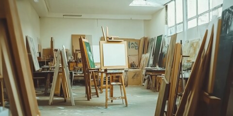 in the studio many easels and drawing boards no one t