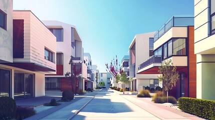 Canvas Print - A modern residential street featuring contemporary houses and landscaped surroundings under a clear blue sky.