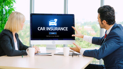 Poster - car insurance online website on computer screen for insure your car damage snugly