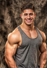 Wall Mural - A man in a grey tank top is smiling at the camera. He is posing in front of a grey background.