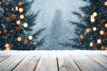 Wall Mural - Christmas and New year background with wooden deck table over christmas tree, snow and blurred light bokeh. Empty display for product montage. Rustic vintage Xmas background.