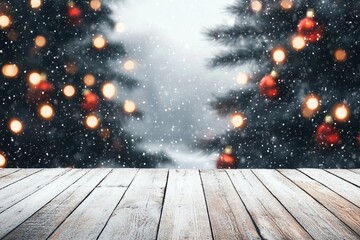Wall Mural - Christmas and New year background with wooden deck table over christmas tree, snow and blurred light bokeh. Empty display for product montage. Rustic vintage Xmas background.