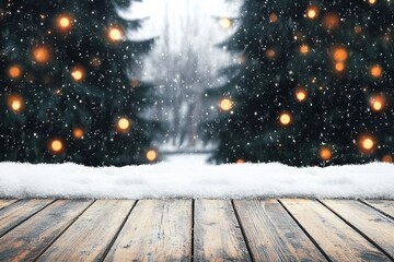 Wall Mural - Christmas and New year background with wooden deck table over christmas tree, snow and blurred light bokeh. Empty display for product montage. Rustic vintage Xmas background.