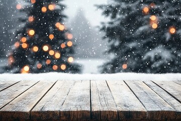 Wall Mural - Christmas and New year background with wooden deck table over christmas tree, snow and blurred light bokeh. Empty display for product montage. Rustic vintage Xmas background.