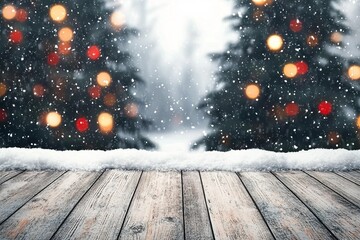 Wall Mural - Christmas and New year background with wooden deck table over christmas tree, snow and blurred light bokeh. Empty display for product montage. Rustic vintage Xmas background.