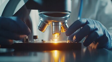 Poster - scientists conducting research with precision and care using a microscope to examine liquid samples 