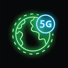 Poster - Neon sign of the 5g network symbol covering a green planet earth with dashed lines moving around illustrating global high speed internet coverage