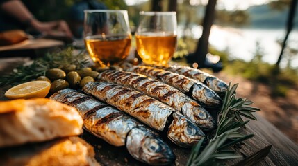 Wall Mural - Grilled Fish Wine Olives Outdoors Summer Picnic