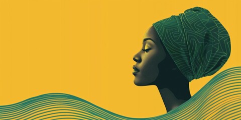 Wall Mural - Portrait of an African girl in profile with a green headscarf against a yellow background