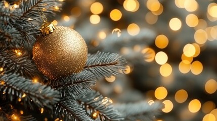 Poster - A golden Christmas ornament hangs on a tree branch with warm bokeh lights in the background.