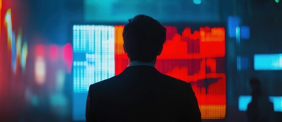 Poster - Business Professional Analyzing Data Trends in a Modern Financial Environment with a Focus on Colorful Stock Market Displays and a Dynamic Urban Background