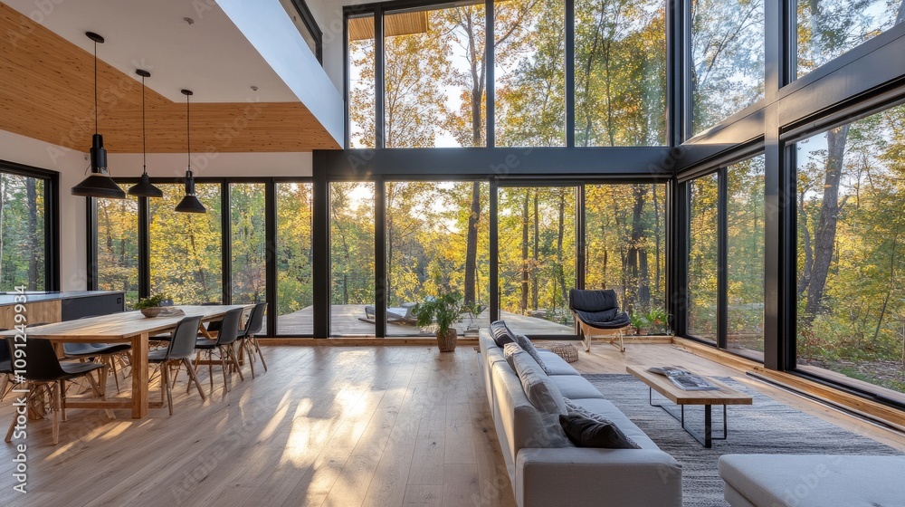 A modular prefabricated home with wide, panoramic windows illuminating ...