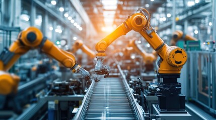 Poster - Robots and smart machinery working together in an automated factory environment.