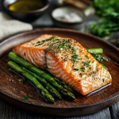 Wall Mural - Fried salmon and asparagus on table