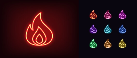 Poster - Outline neon fire icon set. Glowing neon fire shape, flame silhouette. Hot content, burning flame shape, fire blaze, super hot, crazy hit, super popular, fiery top, bonfire, super roast. Vector icons