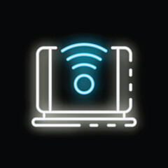 Poster - Neon blue wifi symbol connecting to white laptop on black background