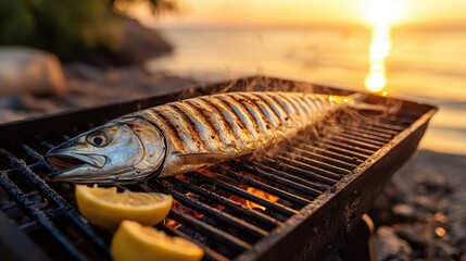 Wall Mural - Grilled Fish Sunset Beach BBQ Seafood Ocean Summer Food