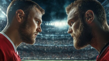 Wall Mural - footballers face to face on a field. rivalry concept in sport