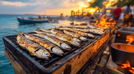 Wall Mural - Grilled Fish Sunset Beach BBQ Seafood Summer Food