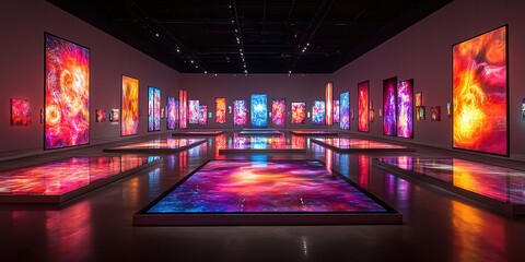 Poster - Vibrant contemporary art exhibition showcasing colorful light installations in a spacious gallery setting