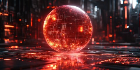 Poster - glowing digital sphere amidst futuristic glowing circuitry in a high-tech environment