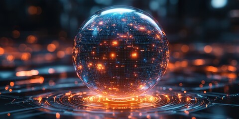 Poster - Illuminated crystal sphere floating above a glowing surface during a futuristic light display at night