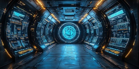 Poster - Futuristic corridor with glowing technology and circular portal at a sci-fi space station