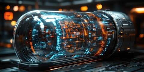 Poster - Futuristic data storage device glowing in an advanced technological setting at night