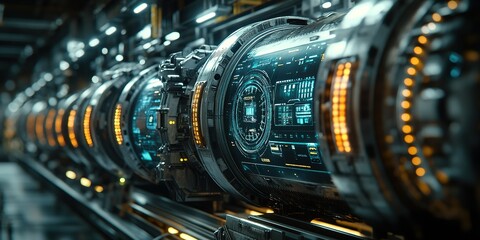 Poster - Futuristic machinery with glowing interfaces in a high-tech facility during nighttime