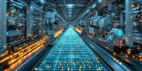 Poster - Advanced robotic technology in a high-tech manufacturing facility during nighttime operations