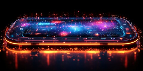 Poster - futuristic smartphone display with glowing holographic interface and vibrant colors