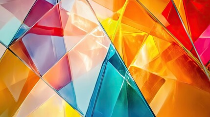 Poster - Abstract colorful glass triangles forming a dynamic pattern with transparency and light reflections.