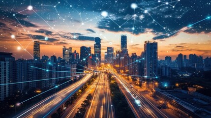 Poster - A cityscape with a network of lines connecting the buildings
