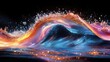 © Seyyar - A stunning depiction of fluid dynamics showcasing a vibrant splash of water in motion, creating an elegant curve with shimmering colors of blue, orange, and gold against a dark backdrop.