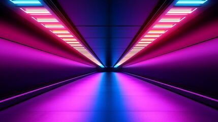 Poster - Vibrant Neon Lit Tunnel with Colorful Lights in Shades of Purple and Pink Creating a Futuristic and Captivating Atmosphere for Unique Imagery