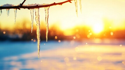 Wall Mural - gorgeous icicles dripping from a snow-laden branch as the winter sun sets in a golden glow