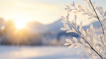 Wall Mural - magical winter scene: delicate branches adorned with hoarfrost under the morning sun in a snowy land