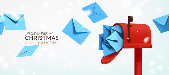 Poster - Merry Christmas and New Year festive design with blue postal paper letters flying out from open mailbox. New Year's letters to Santa Claus. Light background sparkle bokeh and snow. Vector illustration