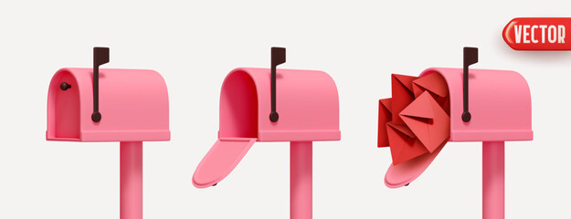 Set of three pink mailboxes realistic 3d design, open box, closed and with mail letters isolated on white background. vector illustration