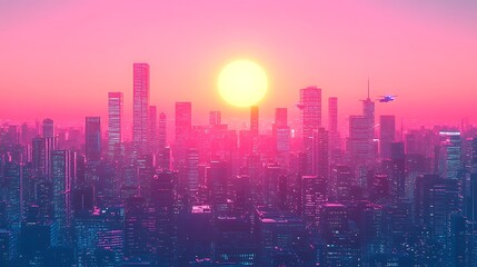 Poster - Futuristic Cyberpunk Cityscape at Sunset Featuring Bold Neon Colors and Vibrant Skyline with Flying Vehicle Overhead