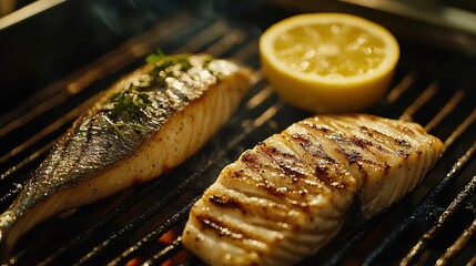 Wall Mural - Grilled Fish on BBQ Grill with Lemon Summer Food