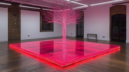 Poster - Neon Art Display Featuring Delicate Linework in a Contemporary Setting with Illuminated Tree and Reflective Floor Elements, Showcasing Modern Artistic Expression