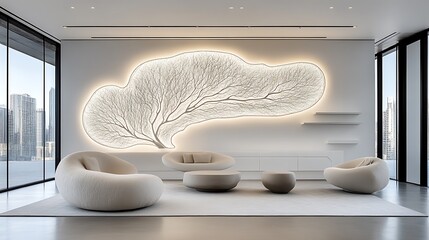 Poster - Elegant Neon Art Piece Featuring Delicate Linework in a Modern Interior Setting with Soft Furniture and a Panoramic City View