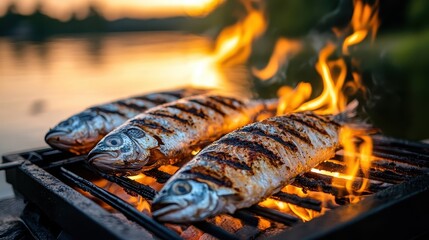 Wall Mural - Grilled Fish on BBQ at Sunset Lakeside Summer Food