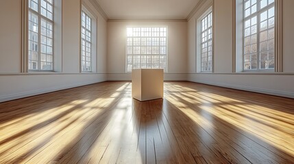 Poster - Abstract Neon Cube Installation in a Spacious Room with Sunlight Streaming Through Large Windows Highlighting the Contemporary Art Piece