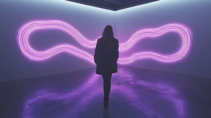 Poster - Artist Meticulously Arranging Neon Lights in an Artistic Space with a Person Silhouetted Against a Vibrant Wall of Colorful illumination