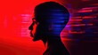 © Seyyar - Profile silhouette of a youth against a vibrant red and blue digital background, symbolizing mental health challenges in the digital era, including cyberbullying and social media impact.