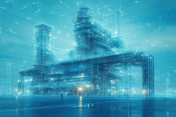 Poster - a futuristic building in the form of a high-tech structure consisting of many thin lines and geometric shapes.  