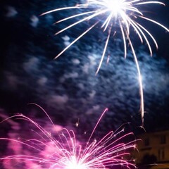 Canvas Print - Close-Up of Fireworks Remnants: A close-up photo of remnants from a fireworks explosion, with deep focus and an eye-level shot to reveal the colorful, fragmented textures and remaining particles.